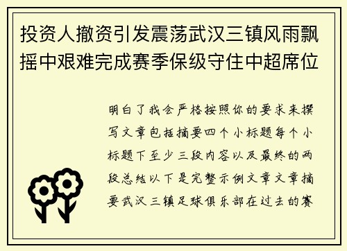 投资人撤资引发震荡武汉三镇风雨飘摇中艰难完成赛季保级守住中超席位